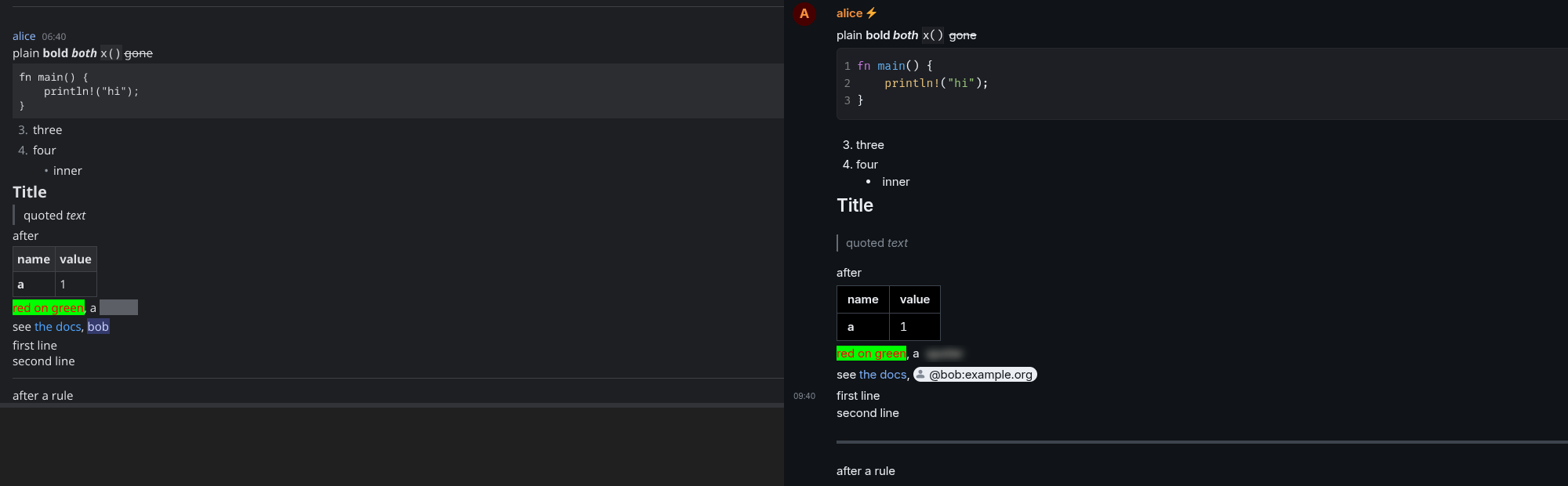 Formatted messages in Exerakt and Element