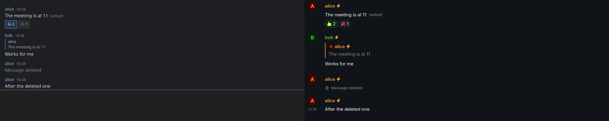 Replies, edits, and reactions in Exerakt and Element